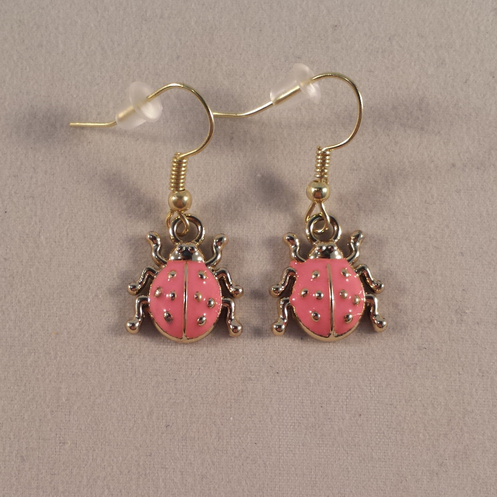 Gold Plated Pink Lady Bug Dangle Earrings Party Gift - Picture 1 of 4